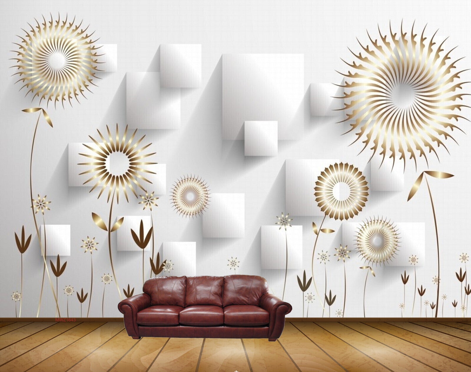 Avikalp MWZ1643 Golden Flowers Leaves 3D HD Wallpaper