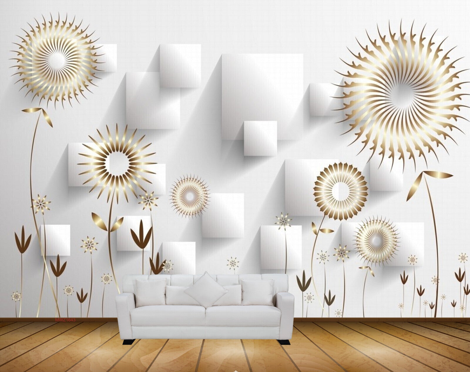 Avikalp MWZ1643 Golden Flowers Leaves 3D HD Wallpaper