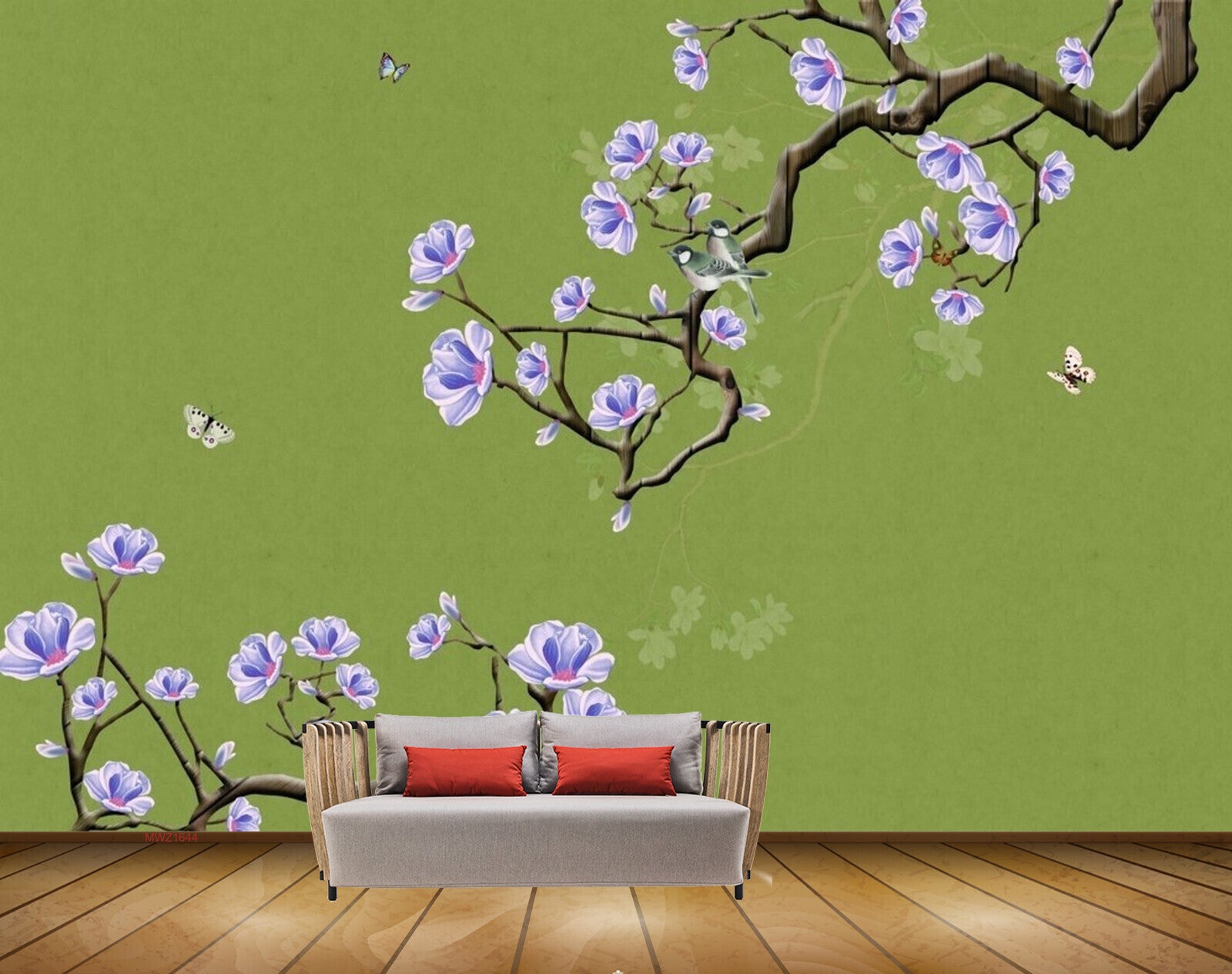 Avikalp MWZ1644 White Purple Flowers Branches Butterflies HD Wallpaper