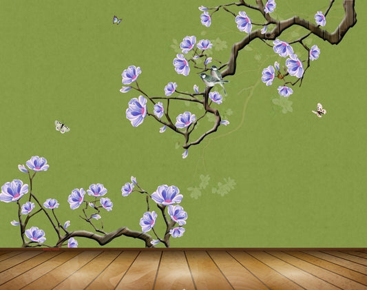 Avikalp MWZ1644 White Purple Flowers Branches Butterflies 3D HD Wallpaper