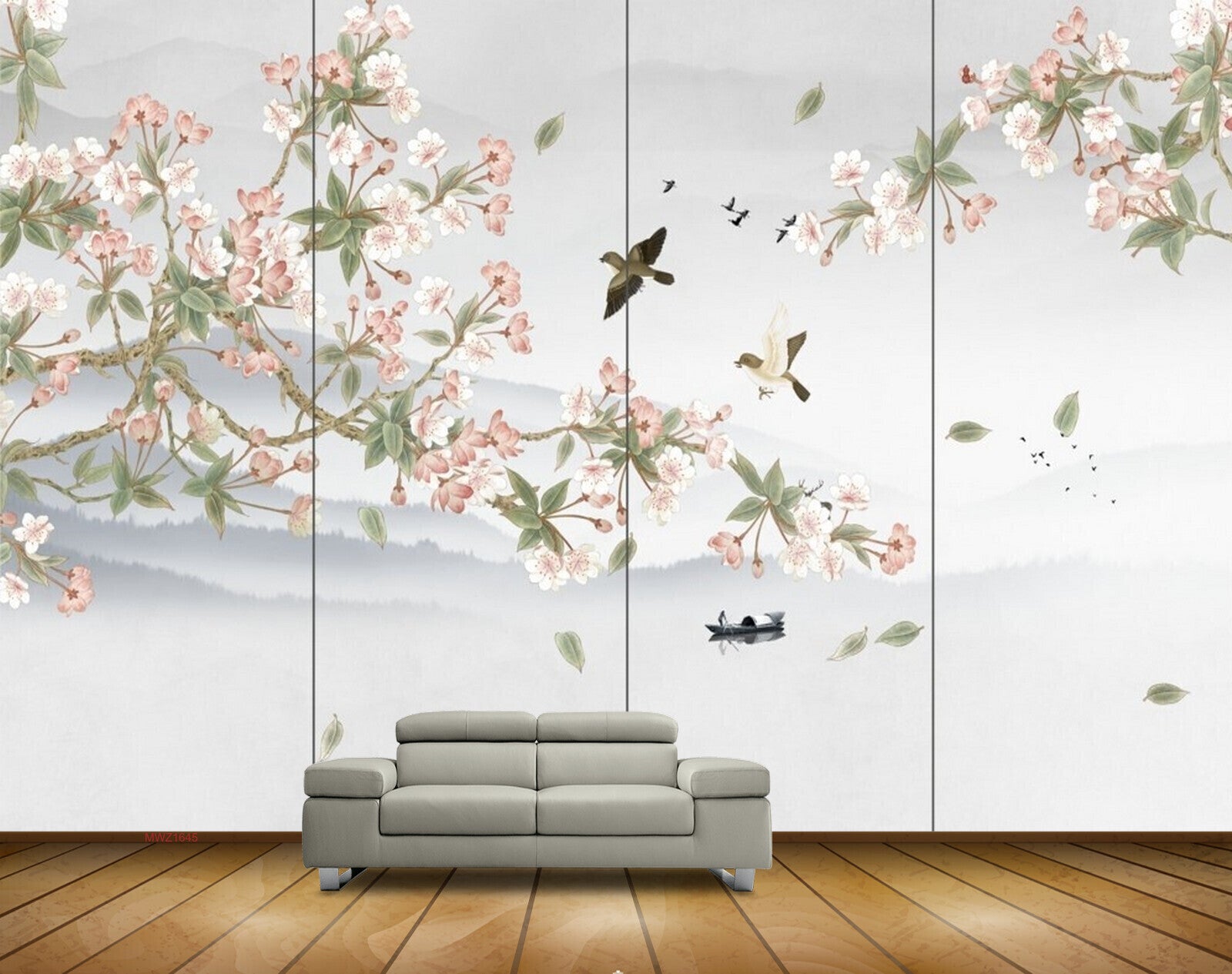 Avikalp MWZ1645 White Pink Flowers Birds HD Wallpaper