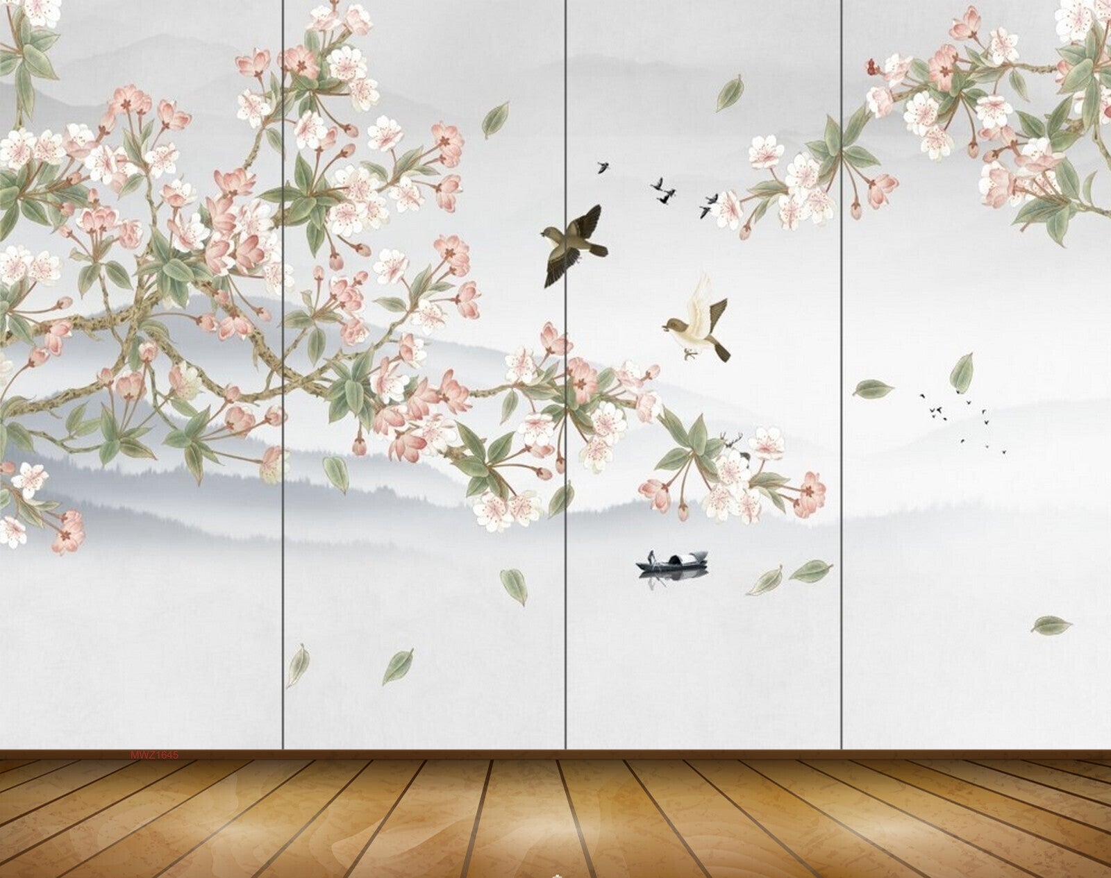 Avikalp MWZ1645 White Pink Flowers Birds 3D HD Wallpaper