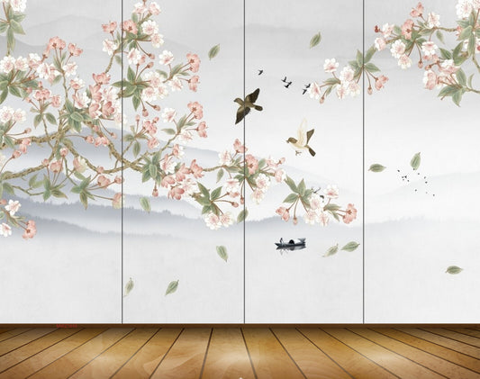 Avikalp MWZ1645 White Pink Flowers Birds 3D HD Wallpaper