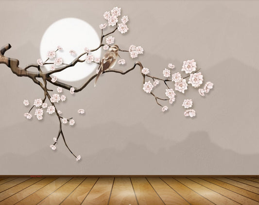Avikalp MWZ1647 White Flowers Branches Moon 3D HD Wallpaper