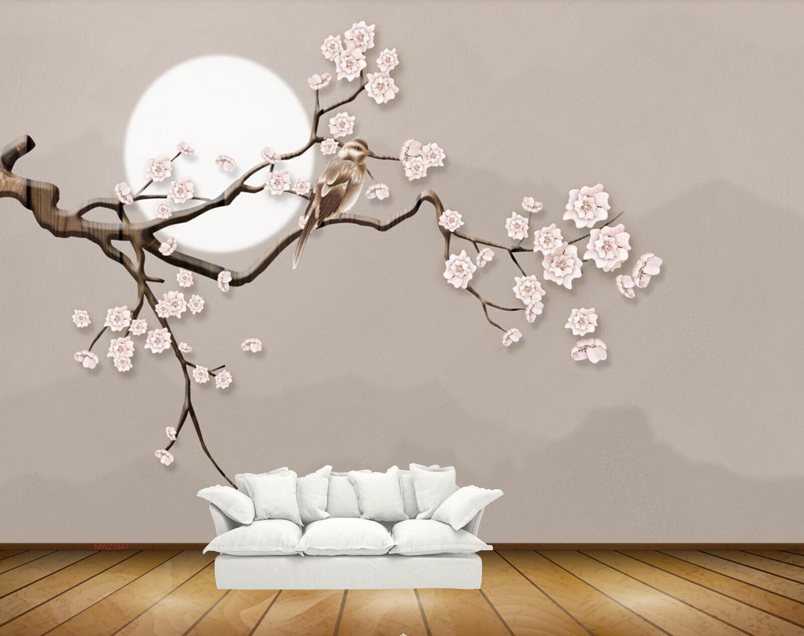Avikalp MWZ1647 White Flowers Branches Moon 3D HD Wallpaper
