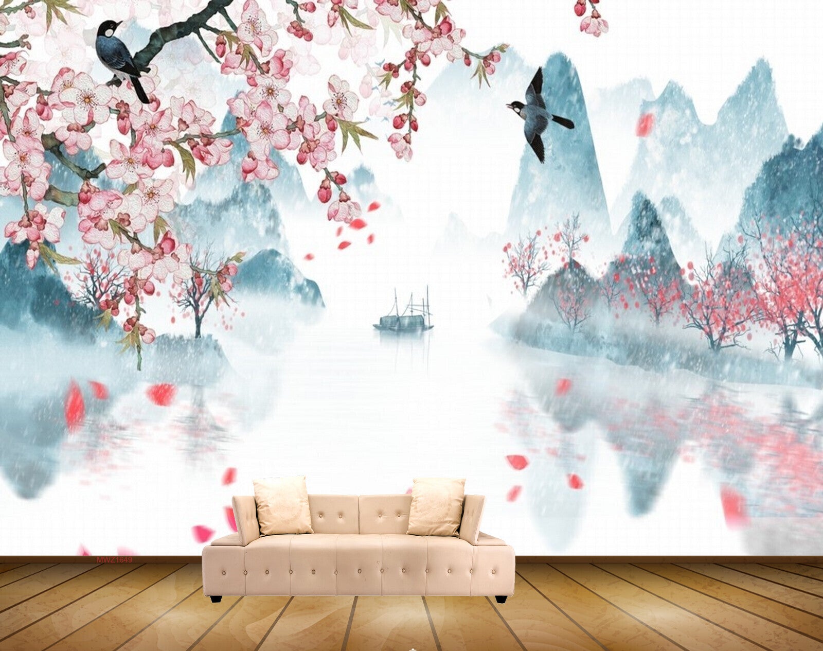 Avikalp MWZ1649 White Pink Flowers Boat Birds HD Wallpaper