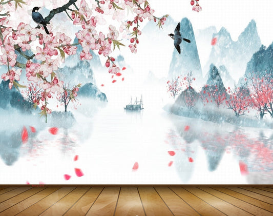 Avikalp MWZ1649 White Pink Flowers Boat Birds 3D HD Wallpaper