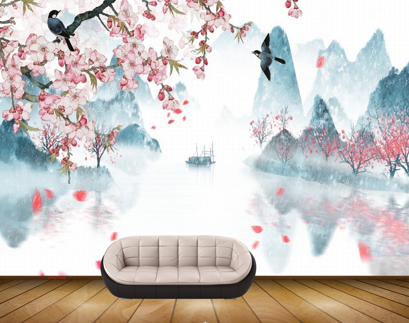 Avikalp MWZ1649 White Pink Flowers Boat Birds 3D HD Wallpaper