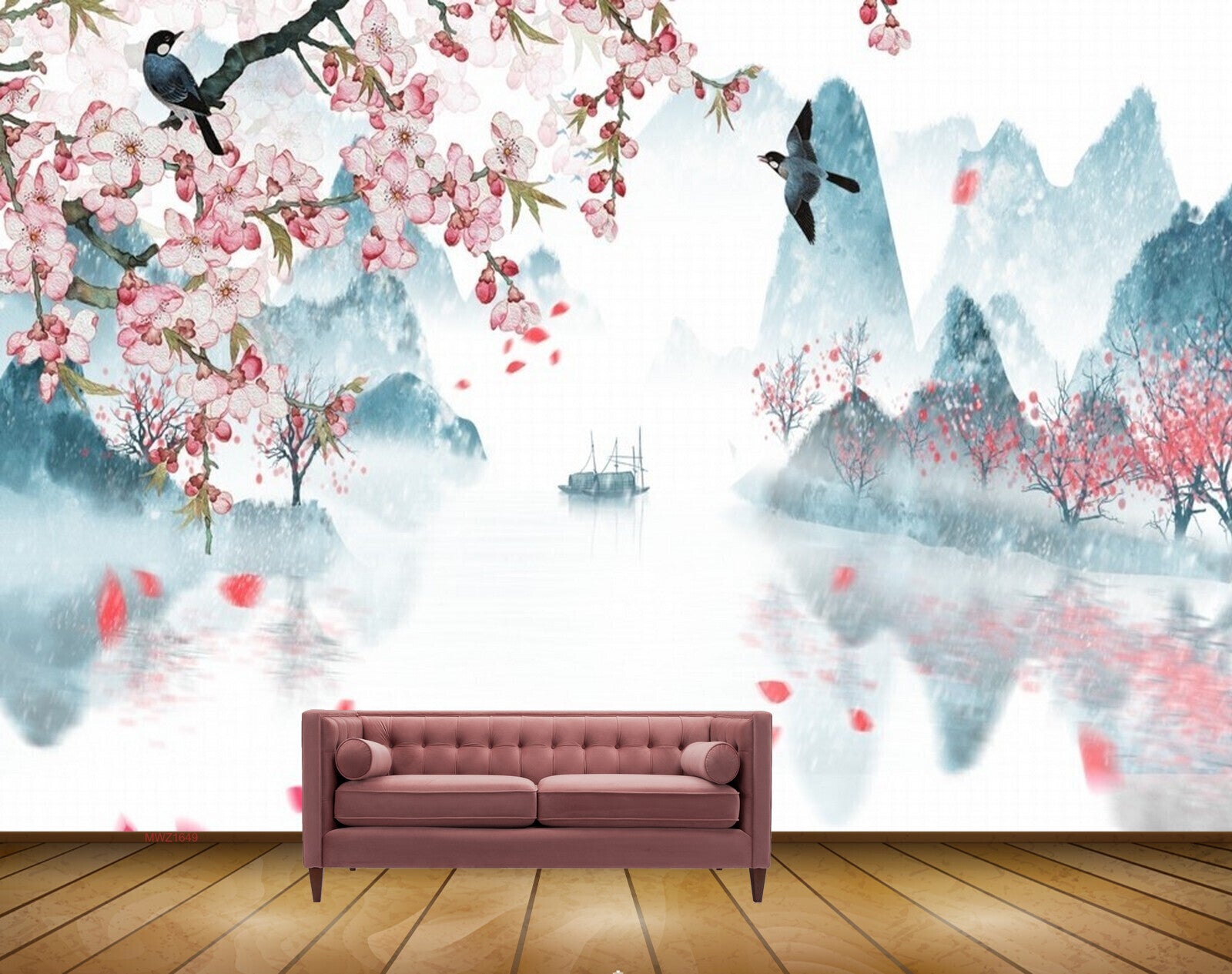 Avikalp MWZ1649 White Pink Flowers Boat Birds 3D HD Wallpaper