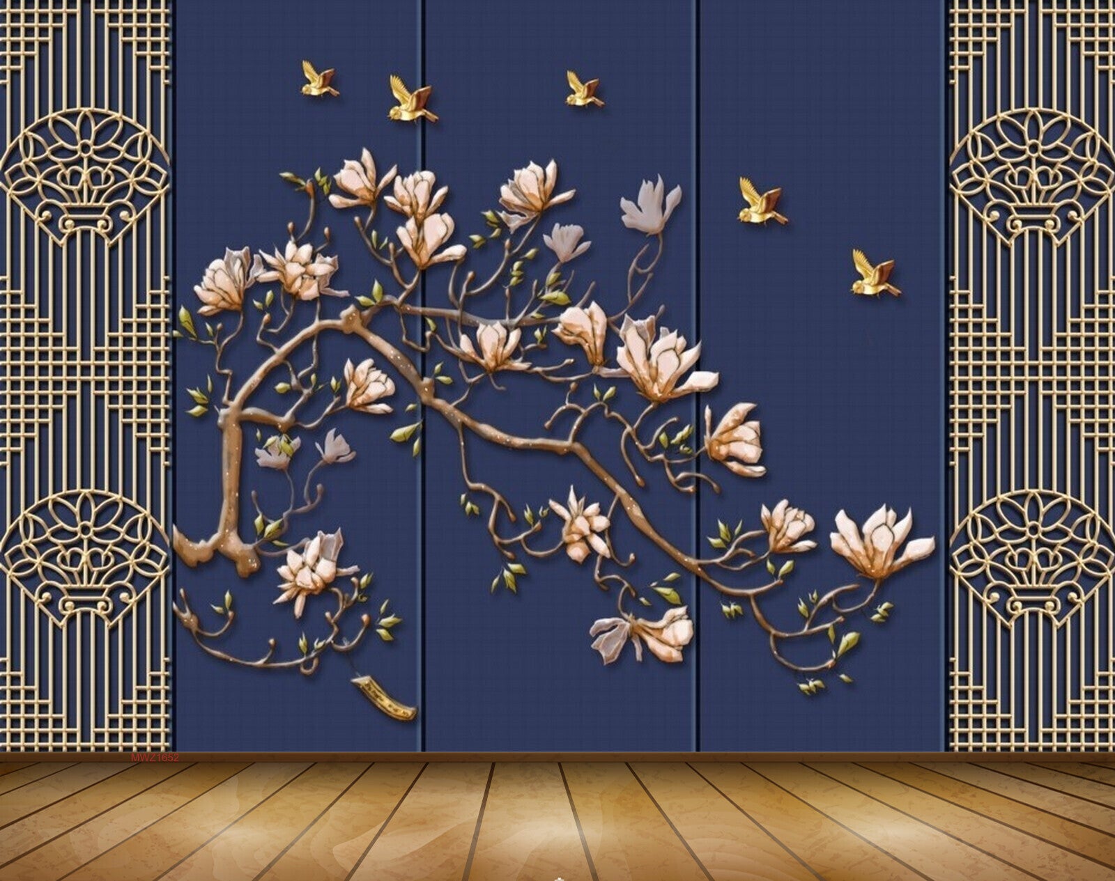 Avikalp MWZ1652 Golden Flowers Leaves Birds 3D HD Wallpaper