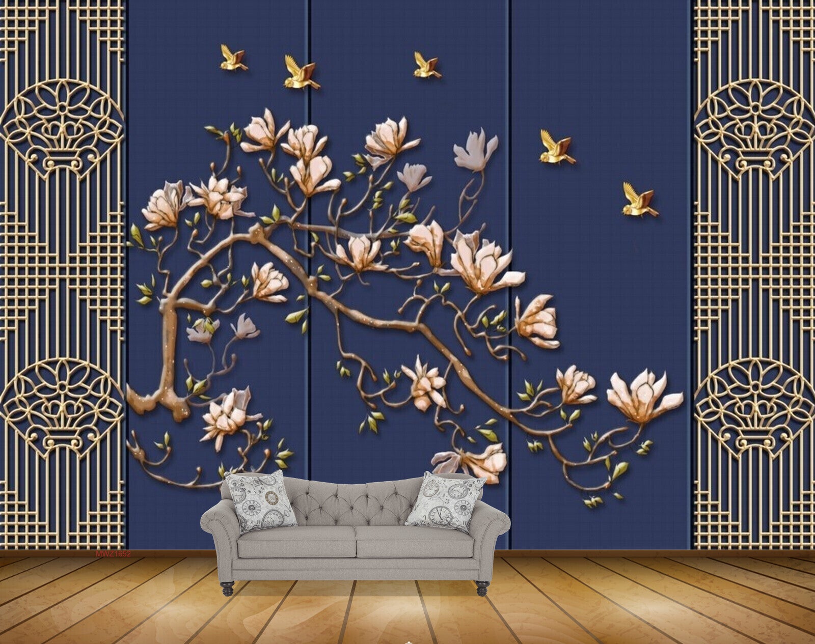 Avikalp MWZ1652 Golden Flowers Leaves Birds 3D HD Wallpaper
