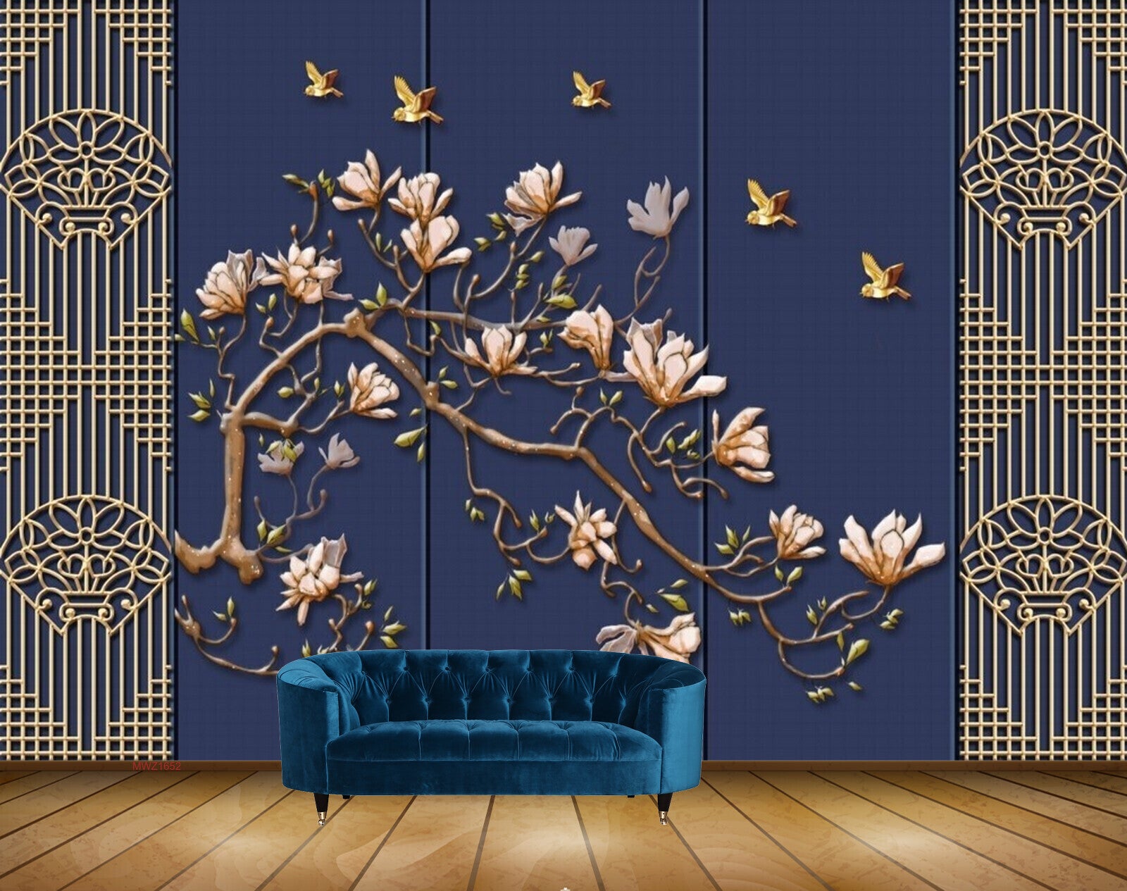 Avikalp MWZ1652 Golden Flowers Leaves Birds 3D HD Wallpaper