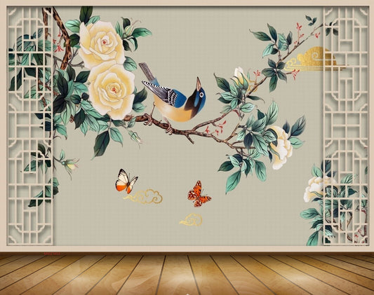 Avikalp MWZ1653 Yellow Flowers Tree Birds Butterflies 3D HD Wallpaper