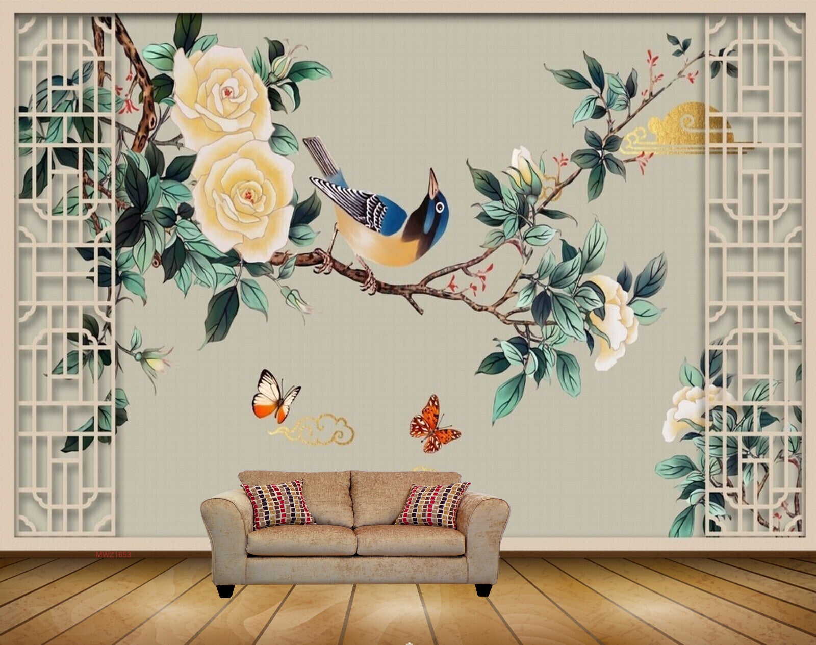 Avikalp MWZ1653 Yellow Flowers Tree Birds Butterflies 3D HD Wallpaper