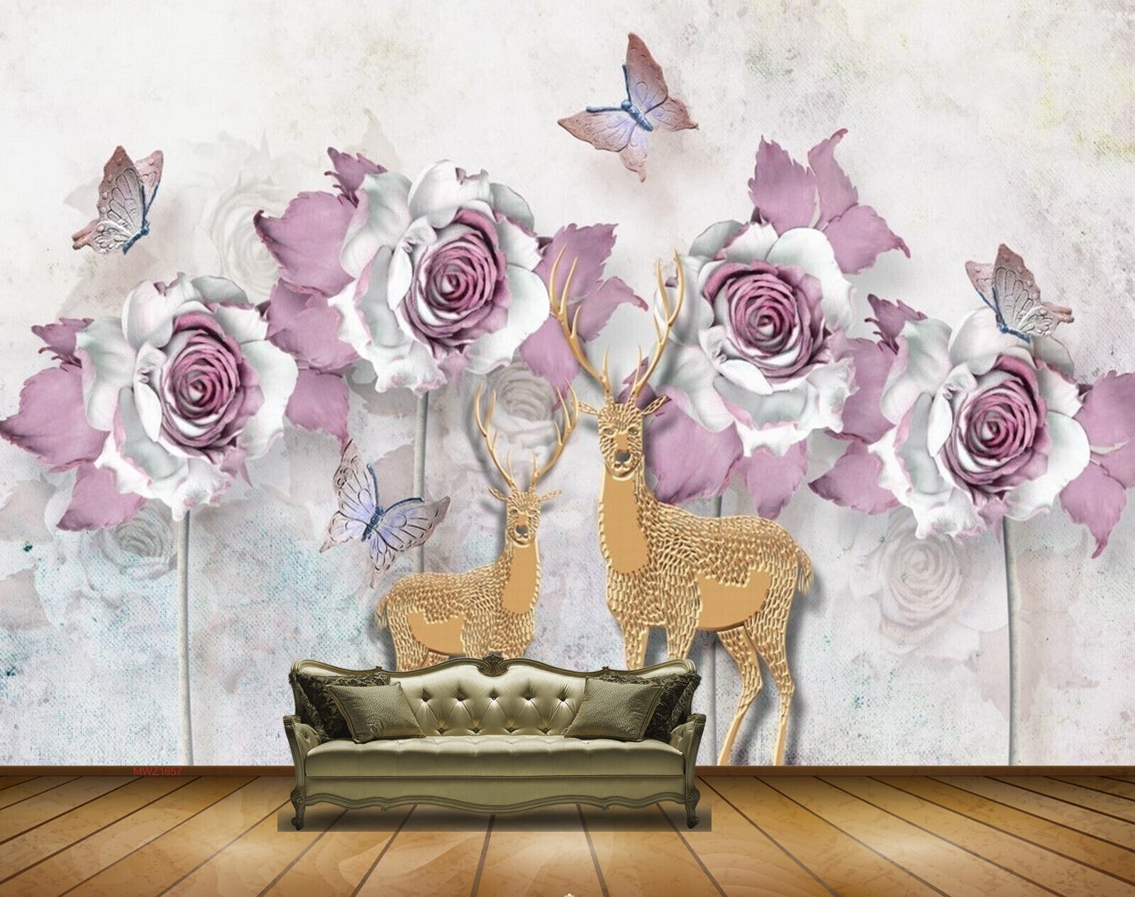 Avikalp MWZ1657 Pink White Flowers Deers Butterflies HD Wallpaper