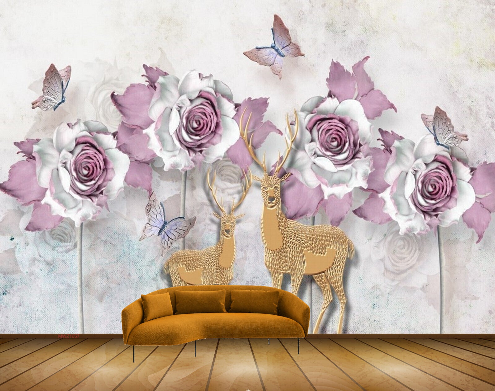Avikalp MWZ1657 Pink White Flowers Deers Butterflies 3D HD Wallpaper