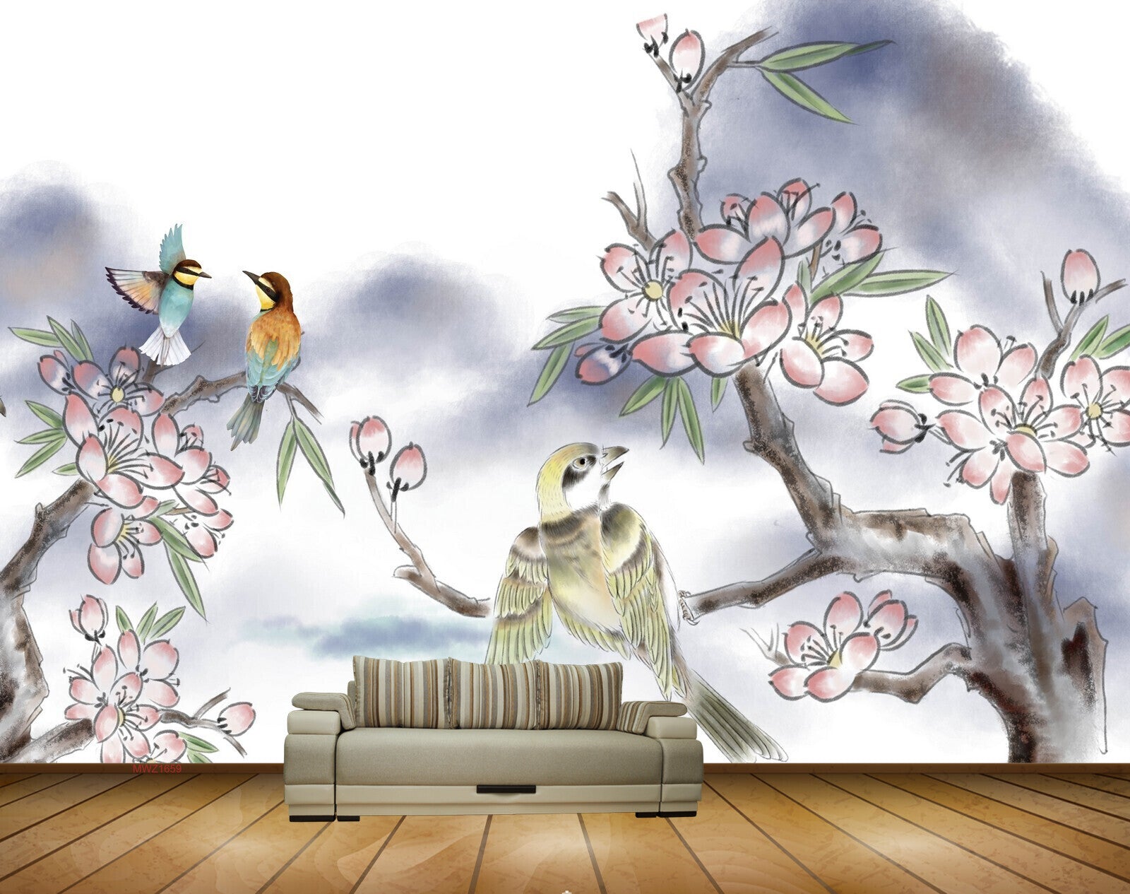 Avikalp MWZ1659 Pink White Flowers Birds 3D HD Wallpaper