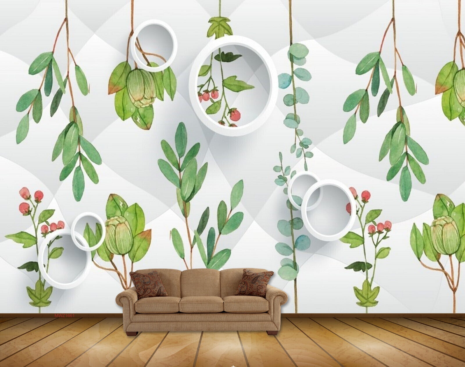 Avikalp MWZ1661 Green Leaves Red Flowers HD Wallpaper