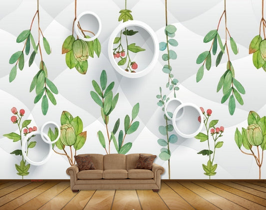 Avikalp MWZ1661 Green Leaves Red Flowers HD Wallpaper
