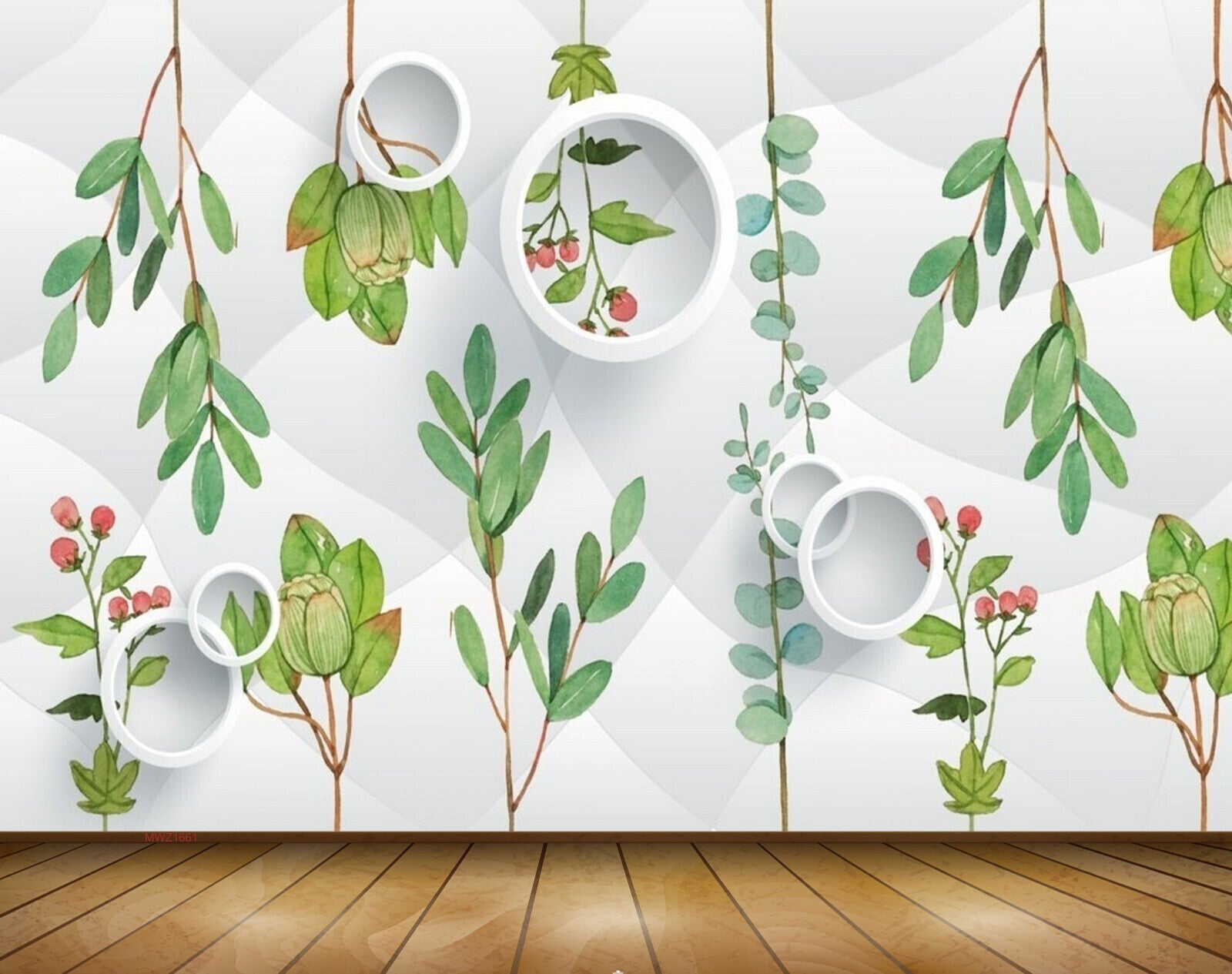 Avikalp MWZ1661 Green Leaves Red Flowers 3D HD Wallpaper