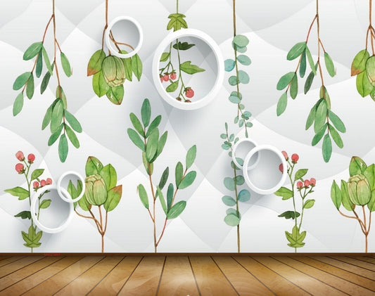 Avikalp MWZ1661 Green Leaves Red Flowers 3D HD Wallpaper
