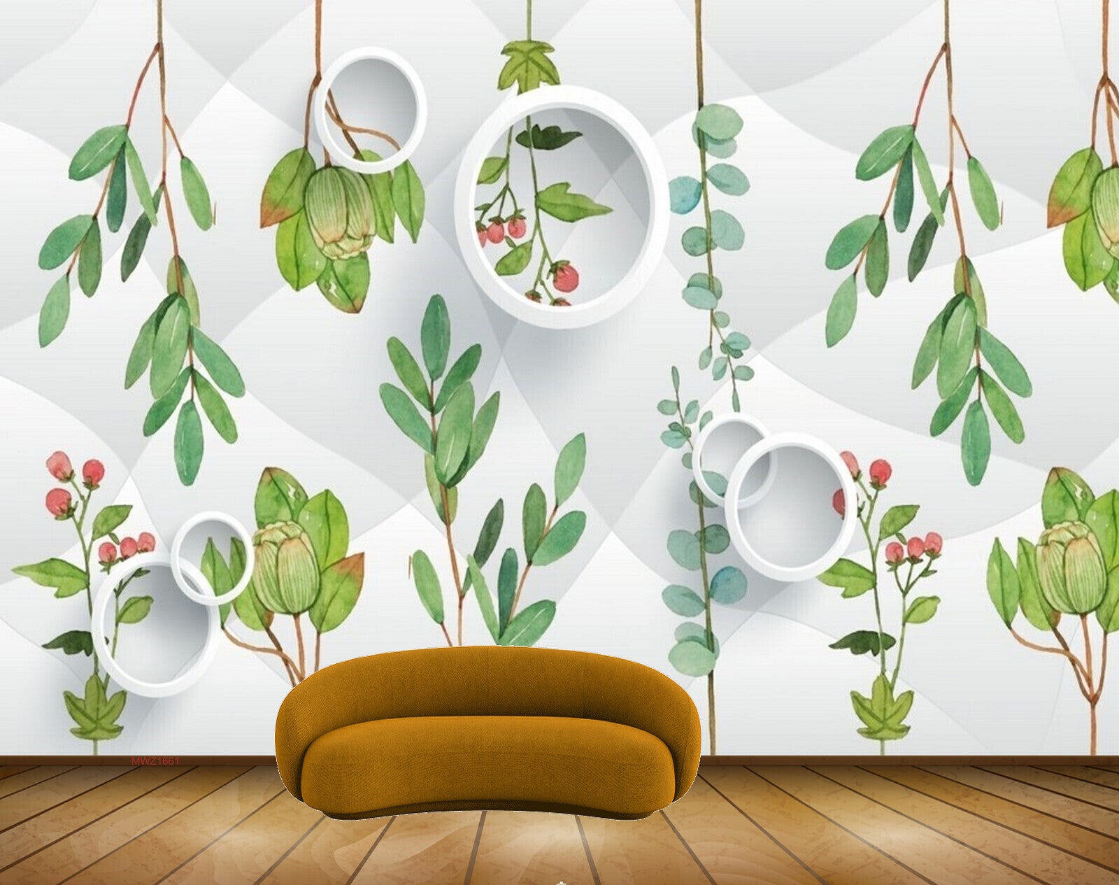 Avikalp MWZ1661 Green Leaves Red Flowers 3D HD Wallpaper
