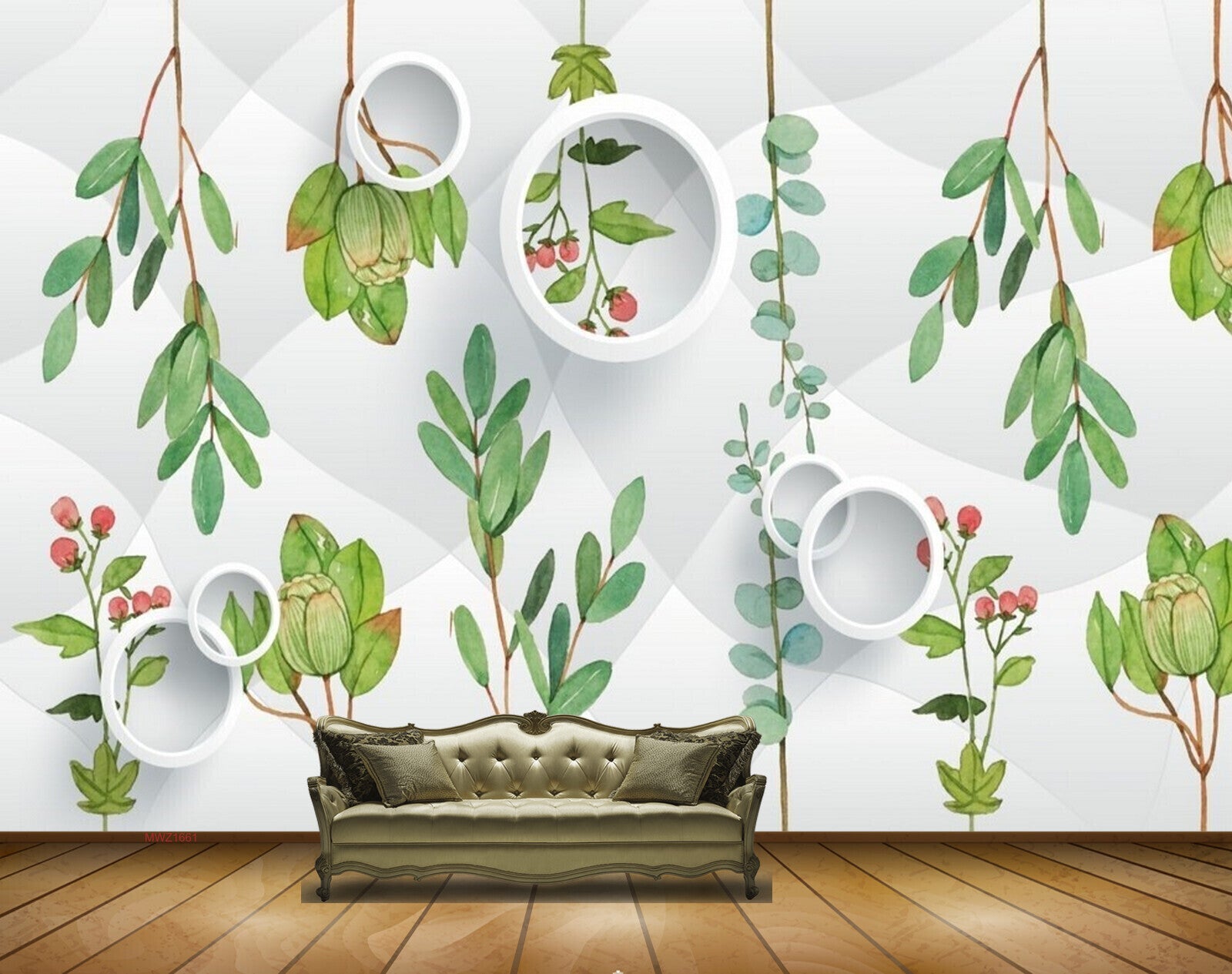 Avikalp MWZ1661 Green Leaves Red Flowers 3D HD Wallpaper
