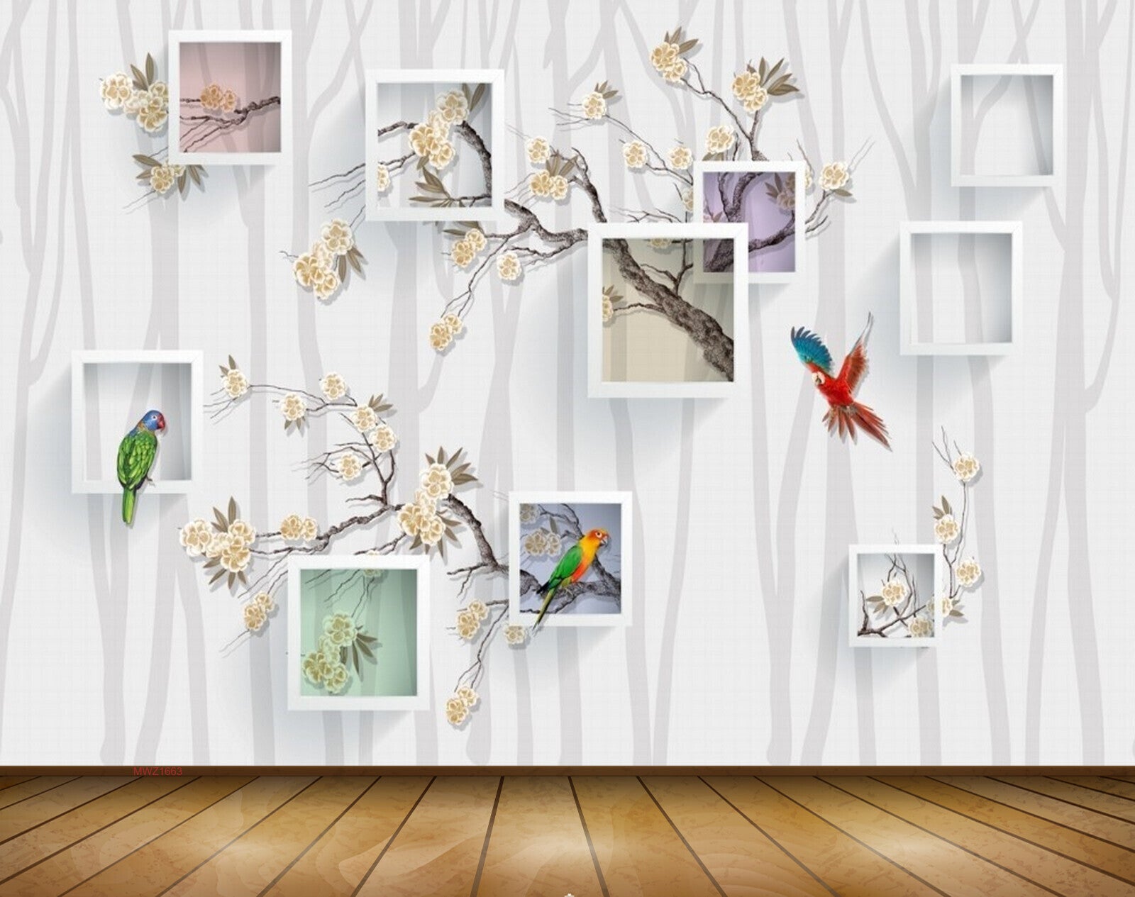 Avikalp MWZ1663 White Flowers Birds 3D HD Wallpaper