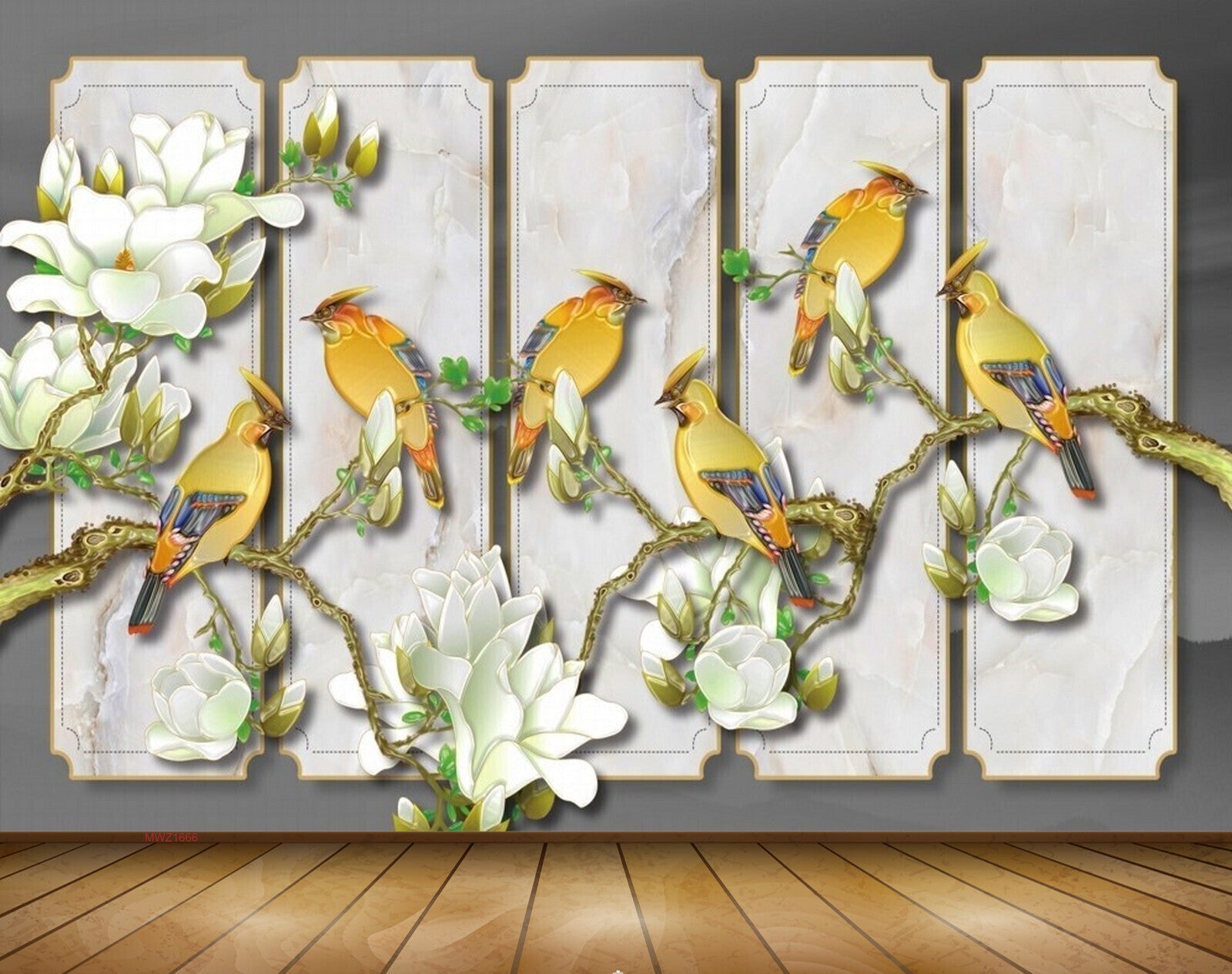 Avikalp MWZ1666 White Flowers Birds 3D HD Wallpaper