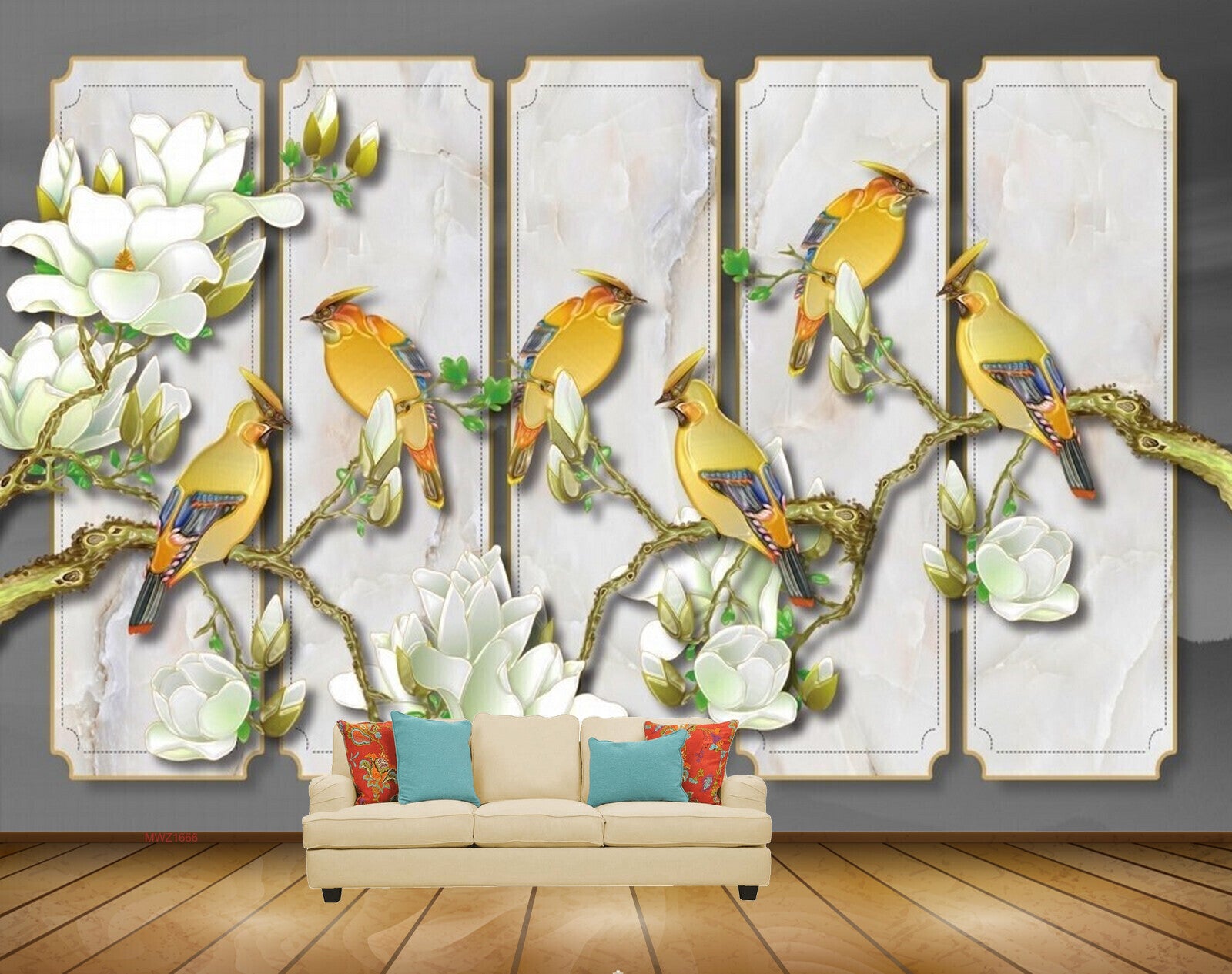 Avikalp MWZ1666 White Flowers Birds 3D HD Wallpaper