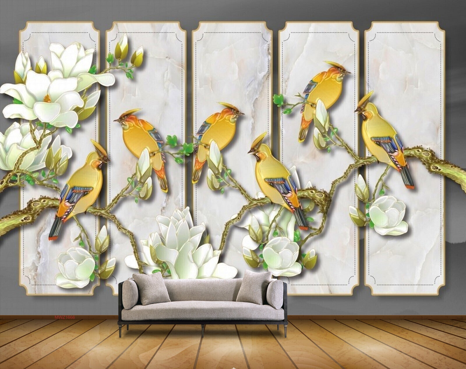 Avikalp MWZ1666 White Flowers Birds 3D HD Wallpaper