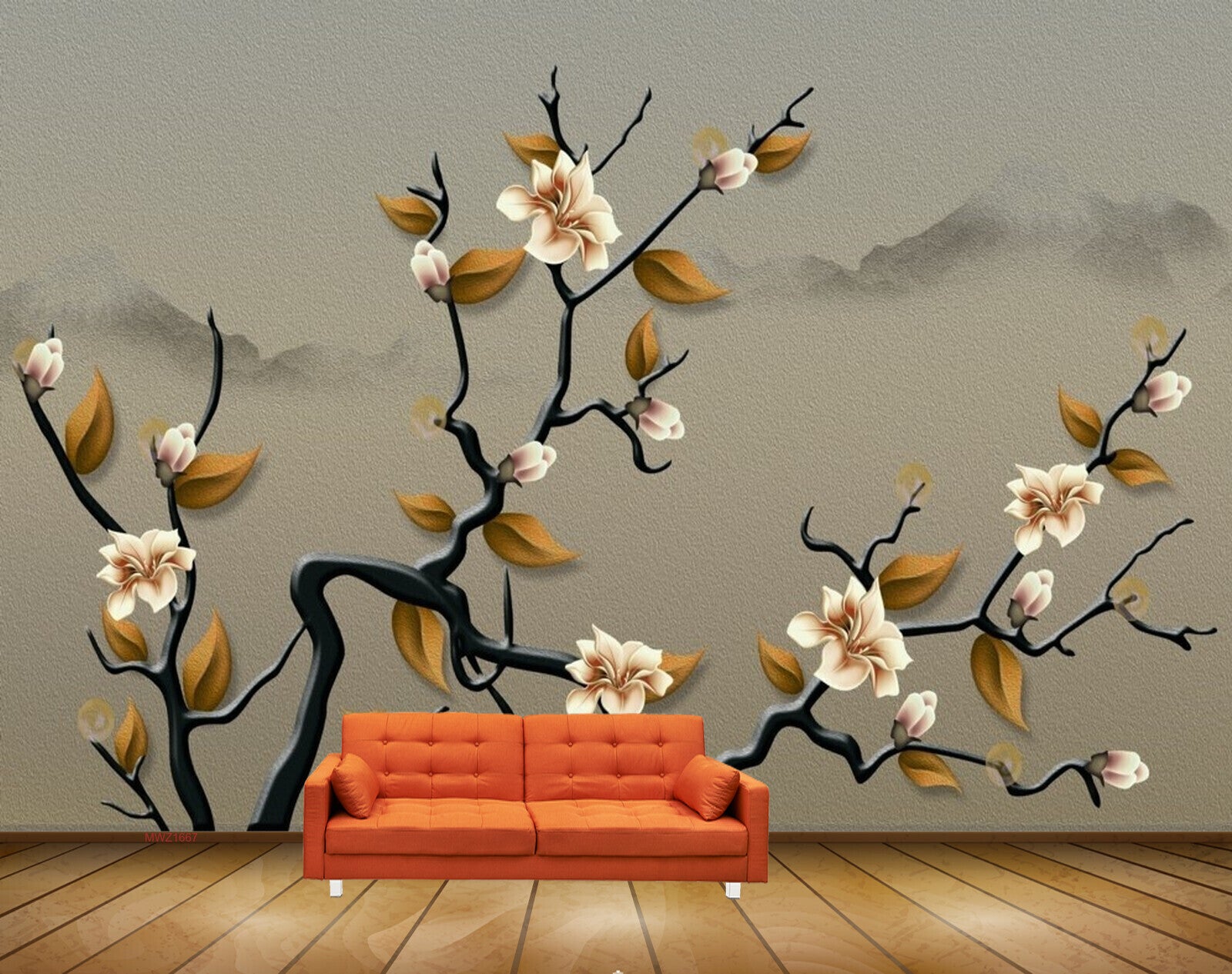 Avikalp MWZ1667 White Orange Flowers Tree 3D HD Wallpaper