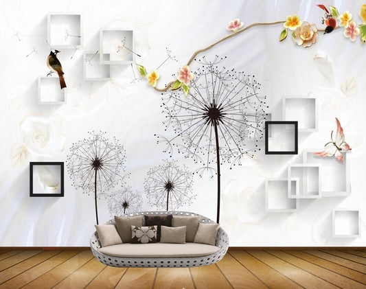 Avikalp MWZ1674 White Orange Flowers Butterflies Bird HD Wallpaper