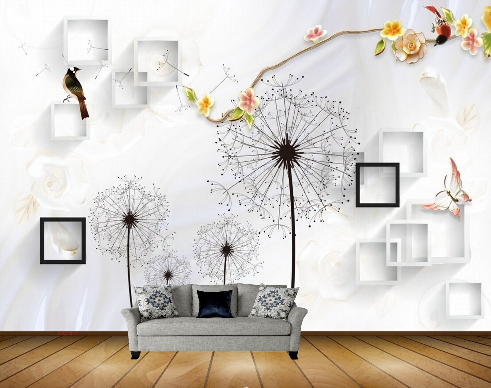 Avikalp MWZ1674 White Orange Flowers Butterflies Bird 3D HD Wallpaper