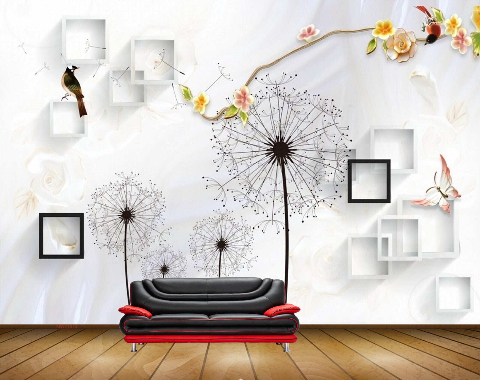Avikalp MWZ1674 White Orange Flowers Butterflies Bird 3D HD Wallpaper