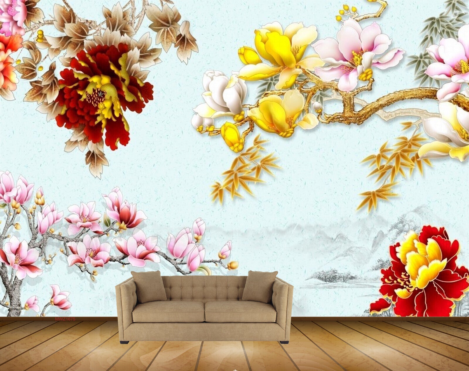 Avikalp MWZ1675 Red Yellow Flowers Branches 3D HD Wallpaper
