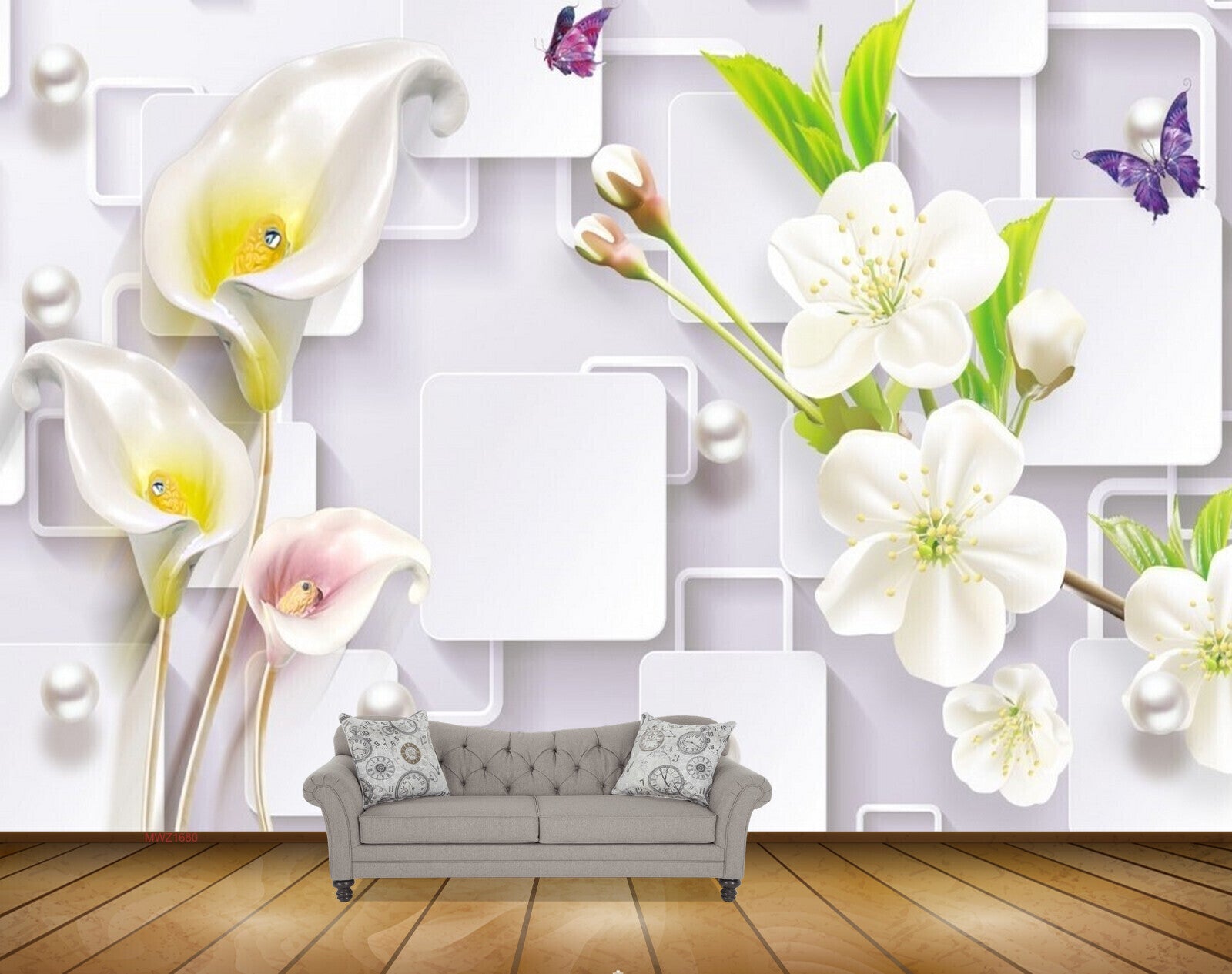 Avikalp MWZ1680 White Pink Flowers Butterflies HD Wallpaper