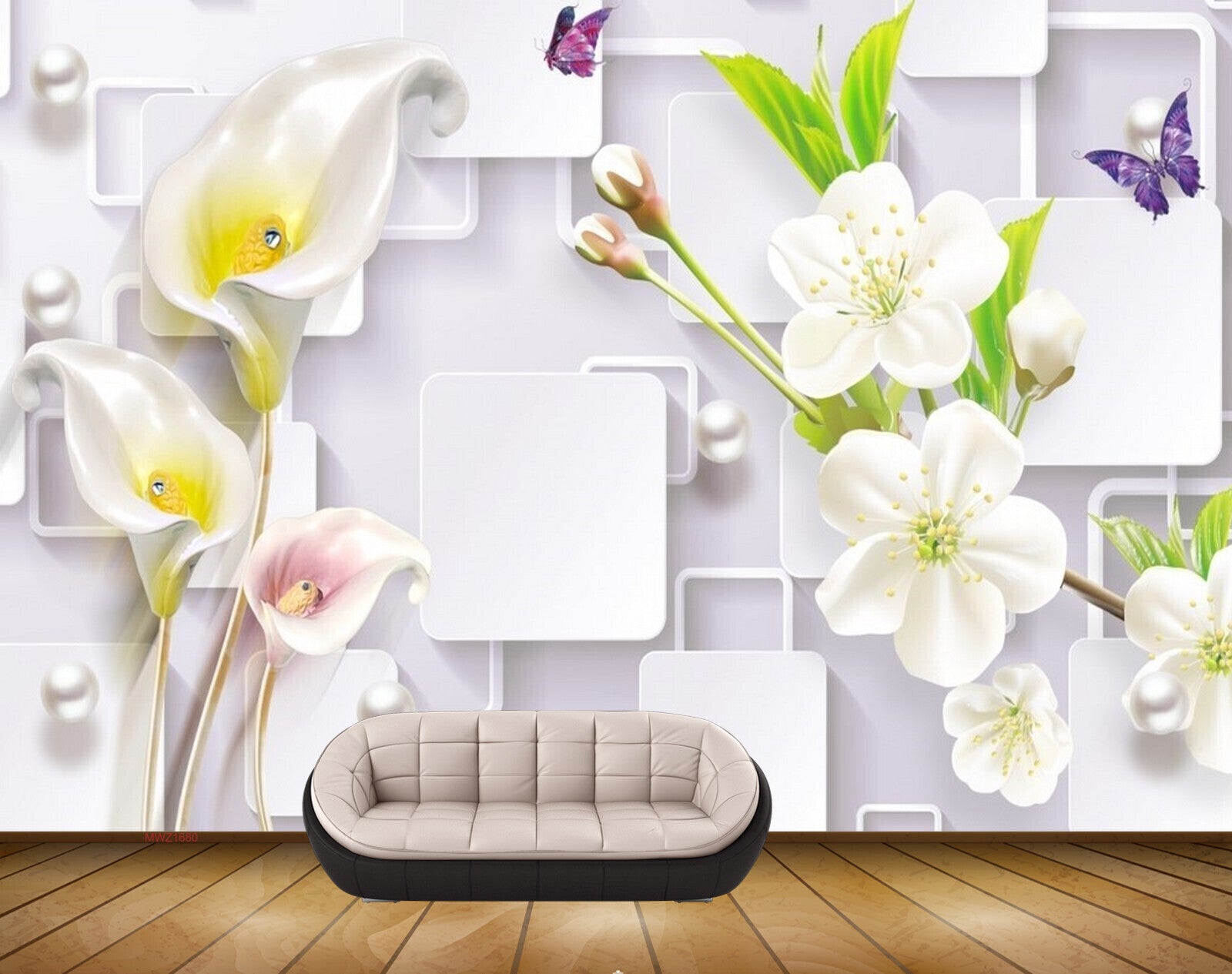 Avikalp MWZ1680 White Pink Flowers Butterflies 3D HD Wallpaper