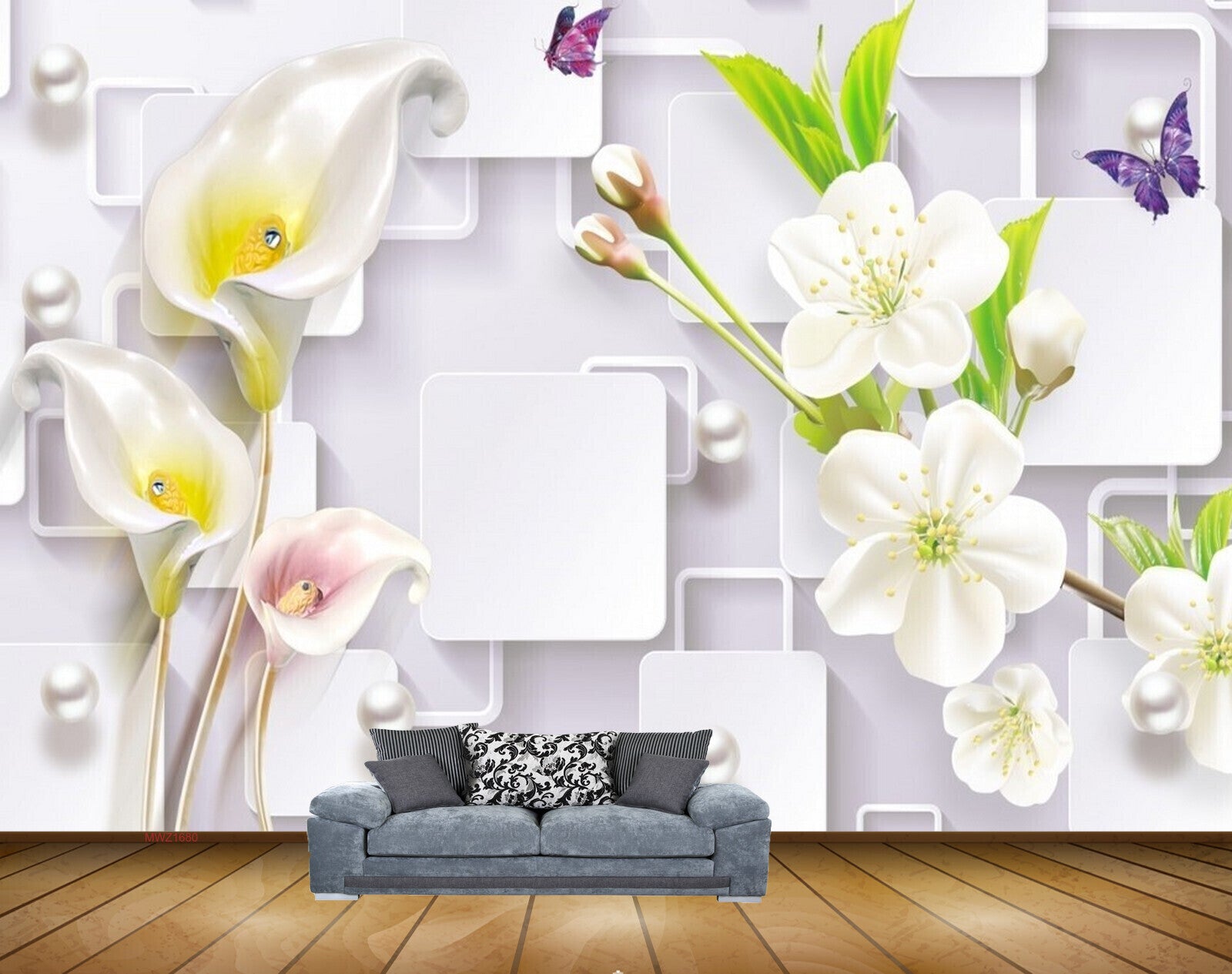 Avikalp MWZ1680 White Pink Flowers Butterflies 3D HD Wallpaper