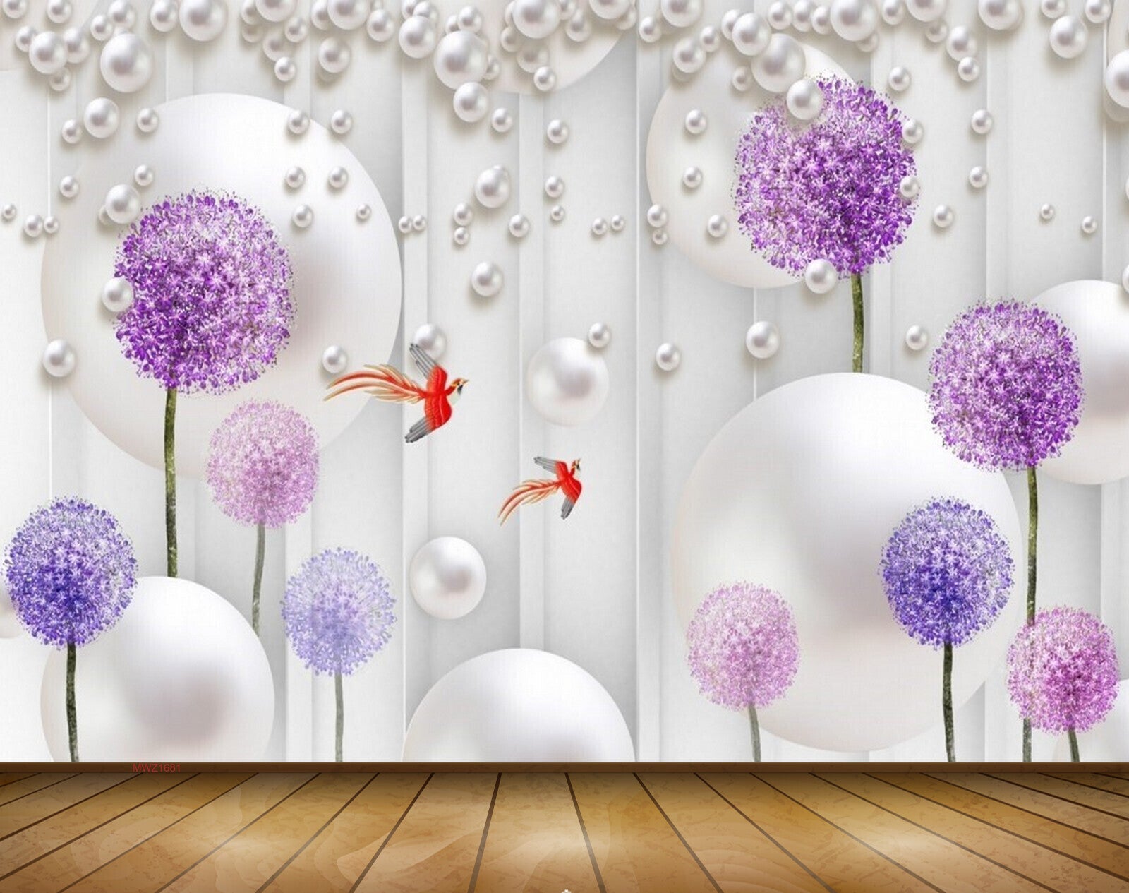 Avikalp MWZ1681 Purple Pink Flowers Fishes 3D HD Wallpaper