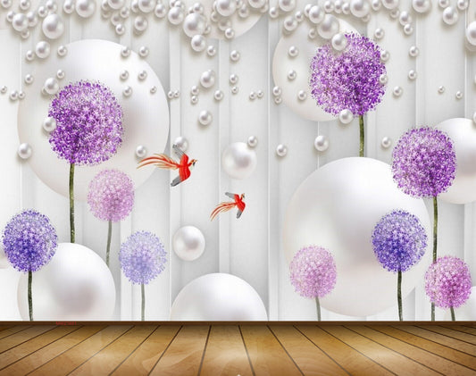 Avikalp MWZ1681 Purple Pink Flowers Fishes 3D HD Wallpaper