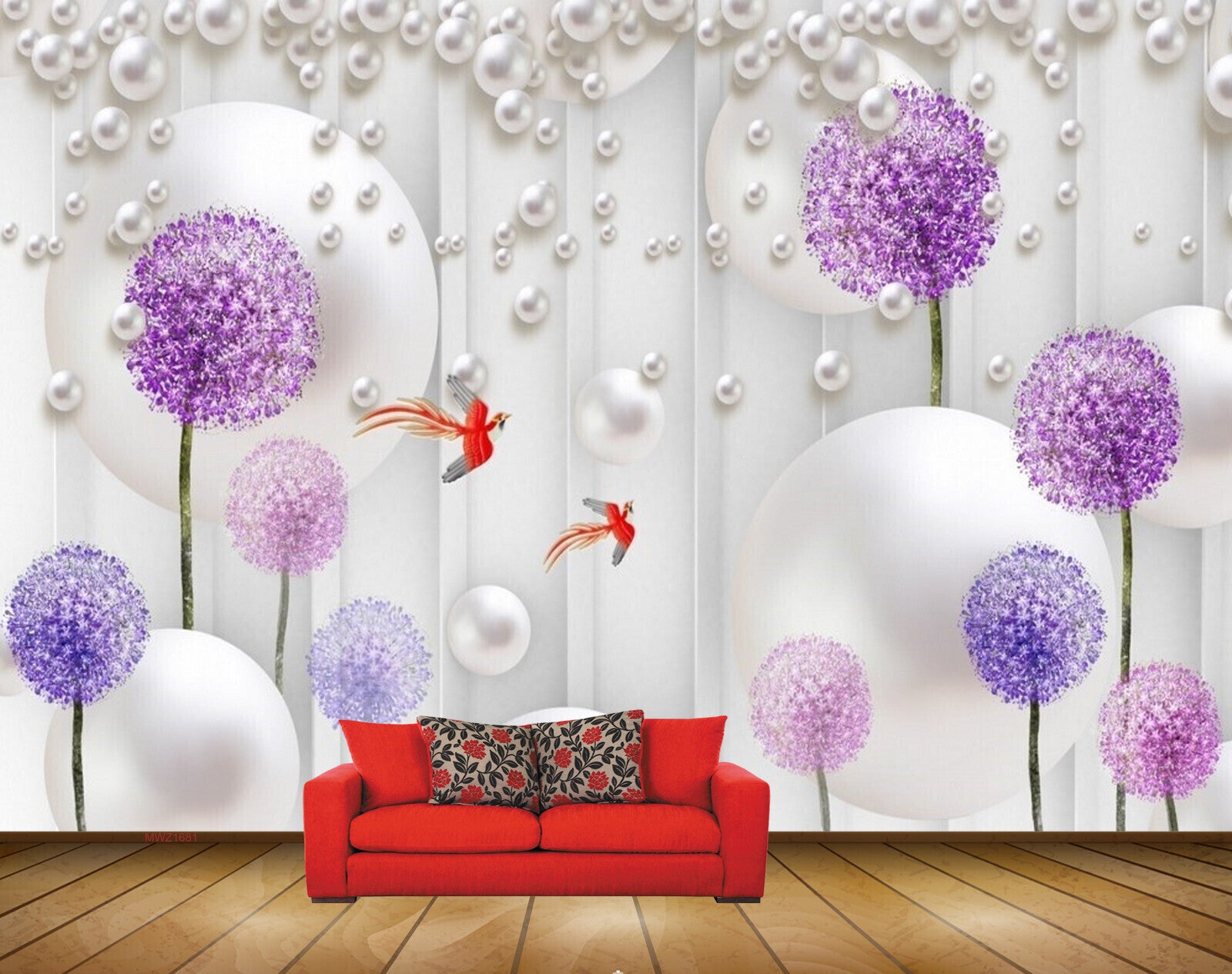 Avikalp MWZ1681 Purple Pink Flowers Fishes 3D HD Wallpaper