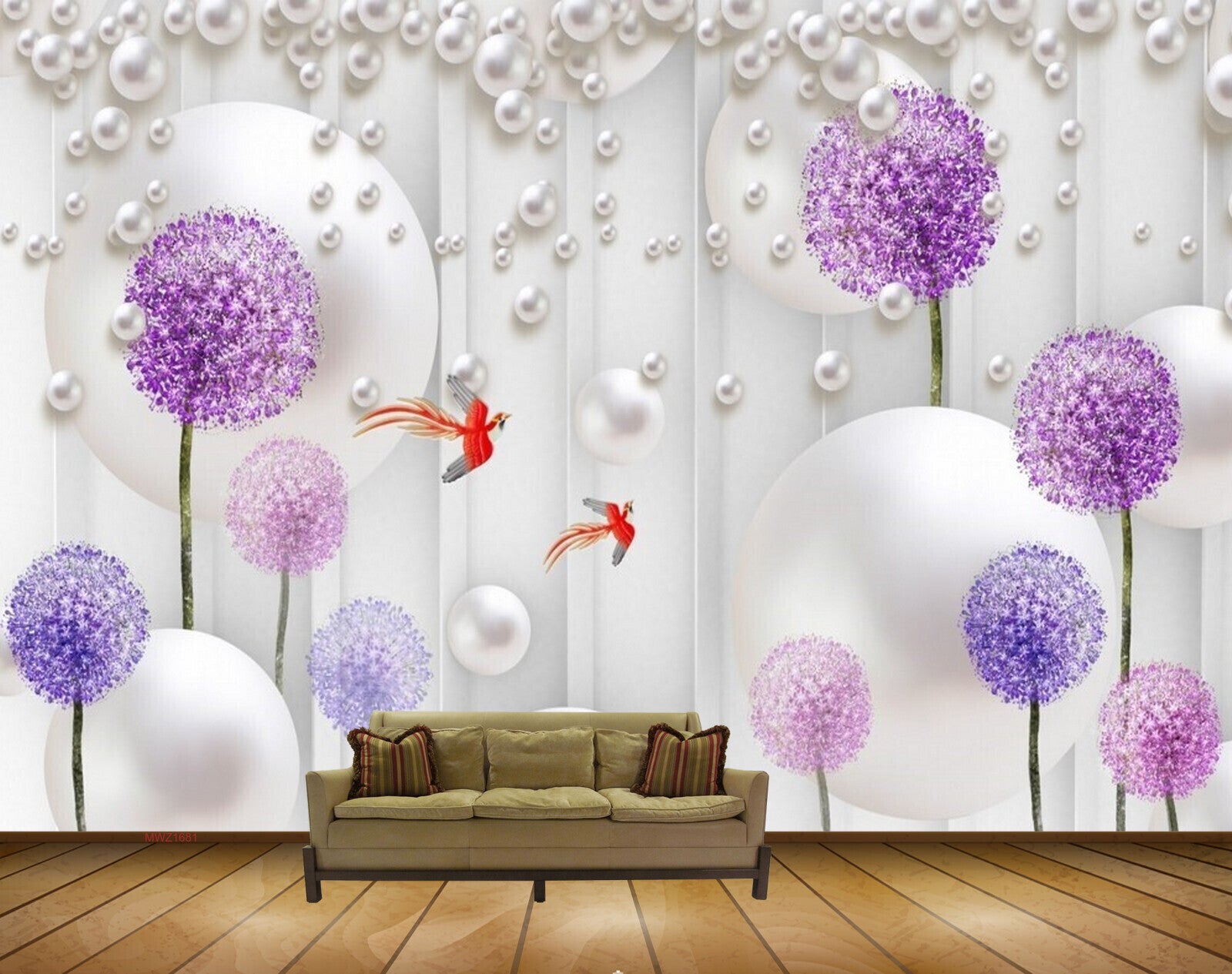 Avikalp MWZ1681 Purple Pink Flowers Fishes 3D HD Wallpaper
