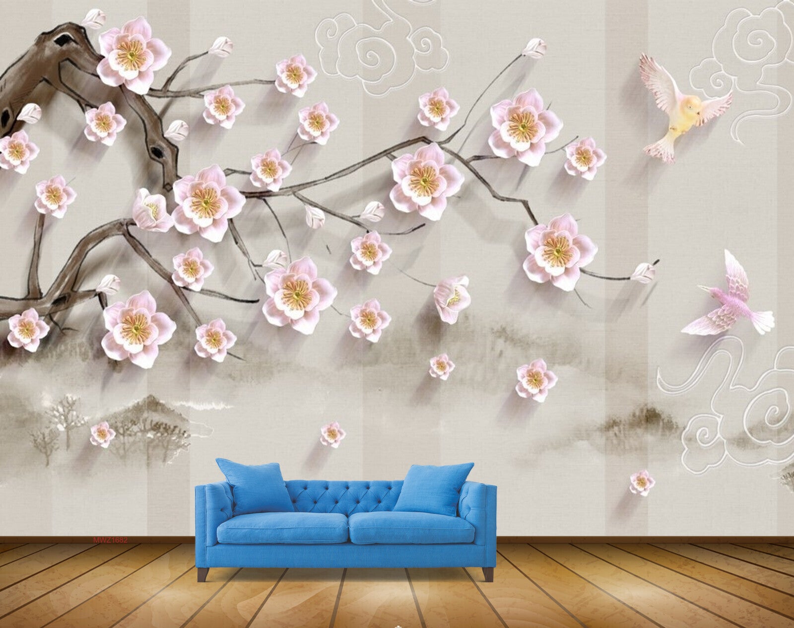 Avikalp MWZ1682 Pink White Flowers Branches Birds HD Wallpaper