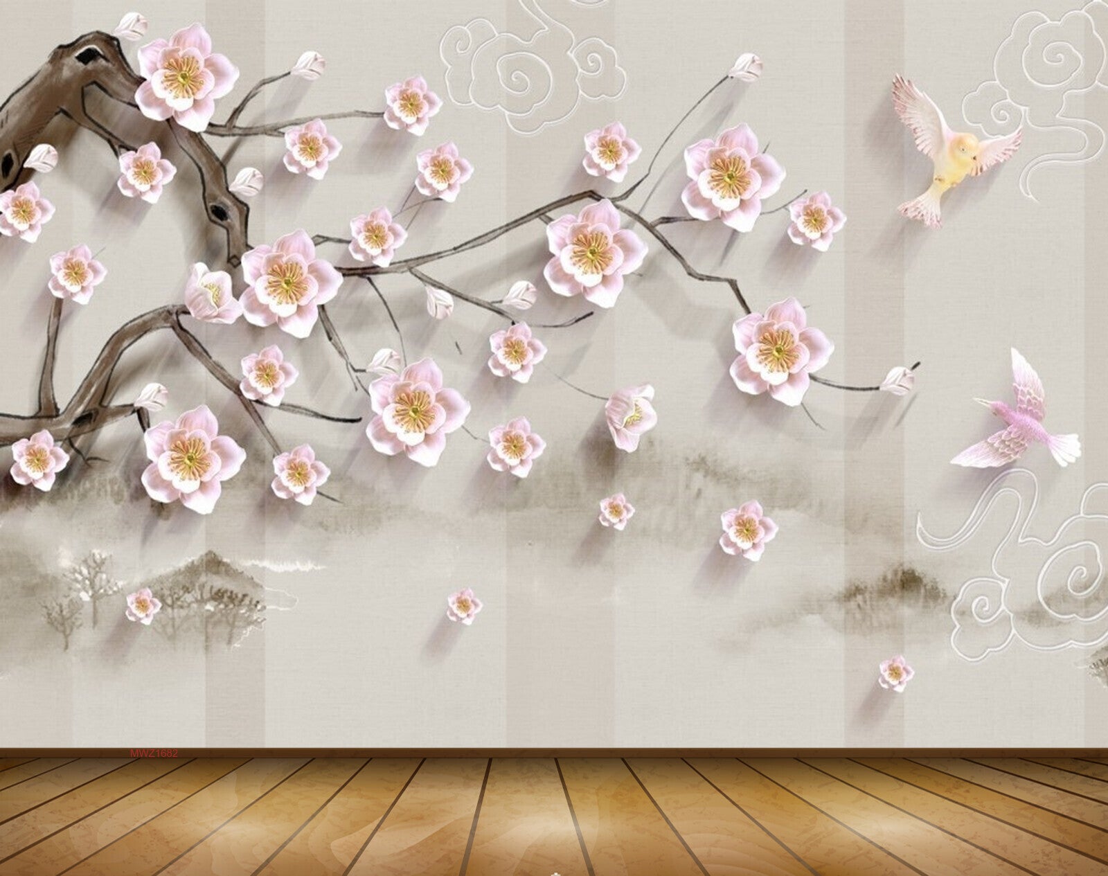 Avikalp MWZ1682 Pink White Flowers Branches Birds 3D HD Wallpaper