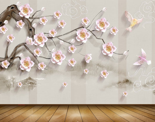 Avikalp MWZ1682 Pink White Flowers Branches Birds 3D HD Wallpaper