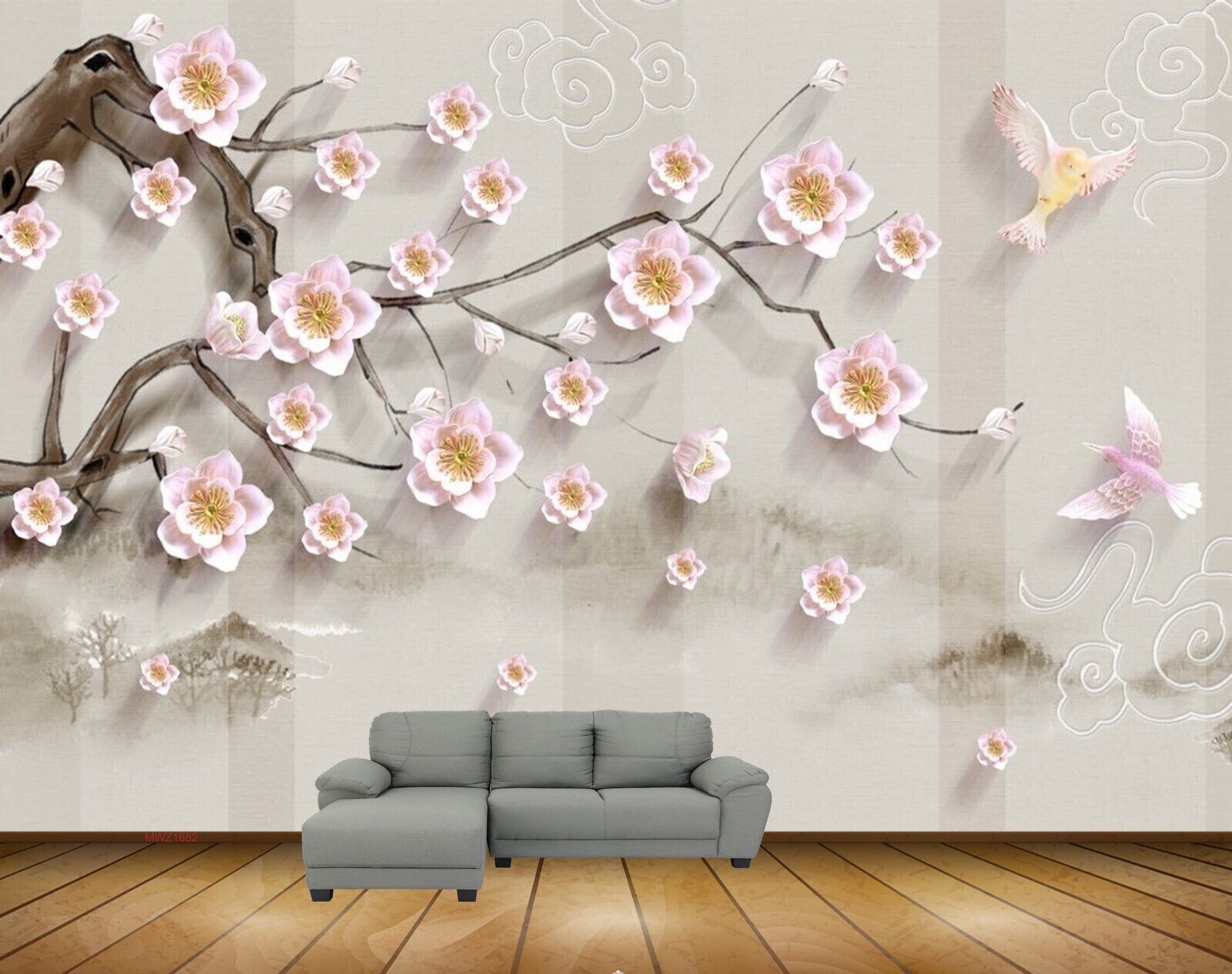 Avikalp MWZ1682 Pink White Flowers Branches Birds 3D HD Wallpaper