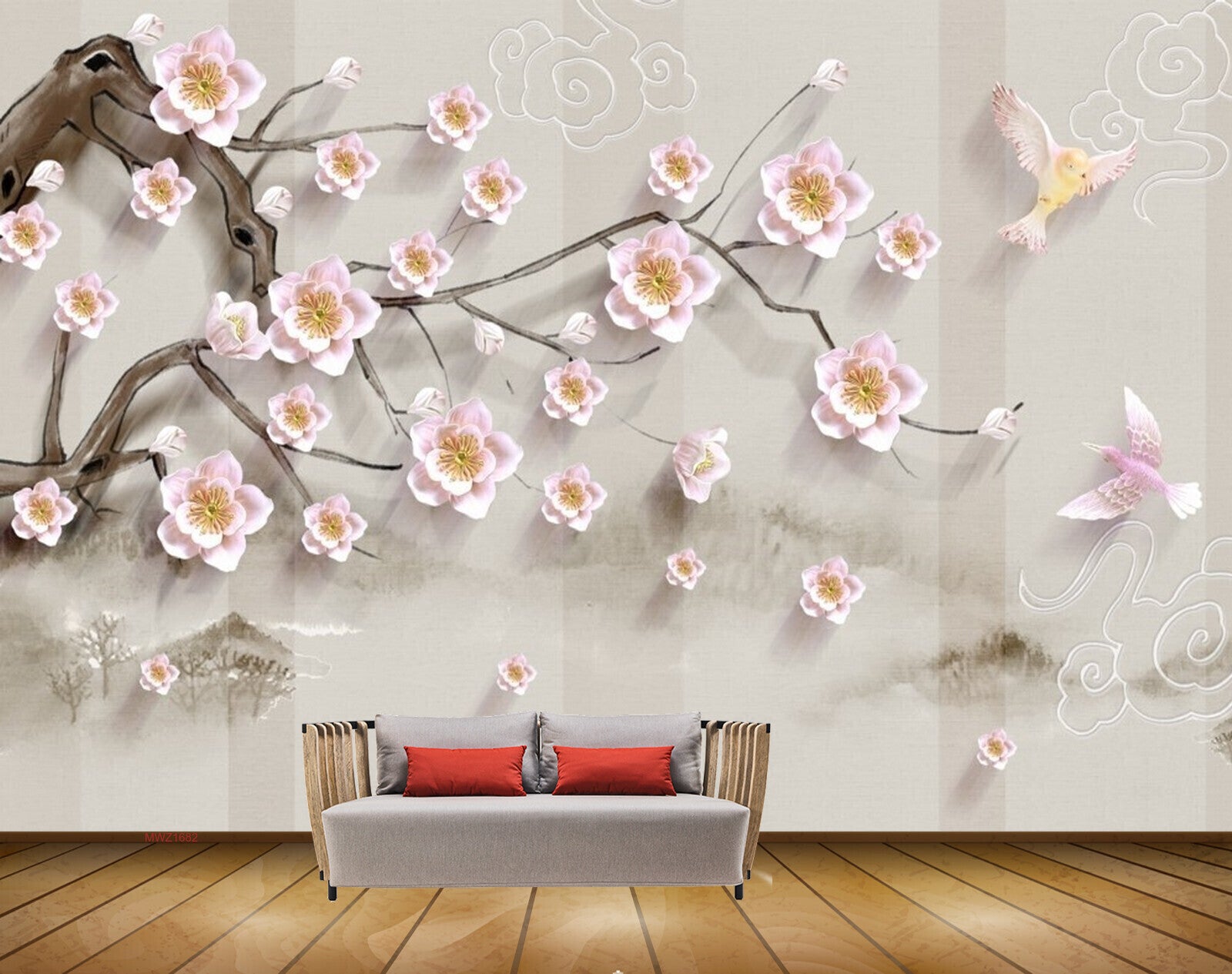 Avikalp MWZ1682 Pink White Flowers Branches Birds 3D HD Wallpaper