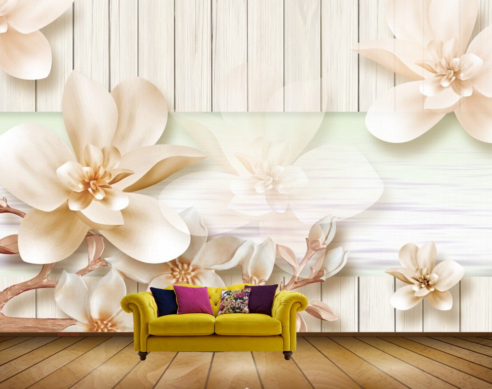 Avikalp MWZ1683 White Gold Flowers 3D HD Wallpaper