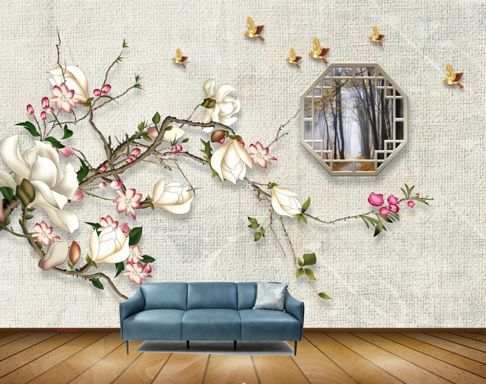 Avikalp MWZ1684 Birds White Pink Flowers Leaves HD Wallpaper